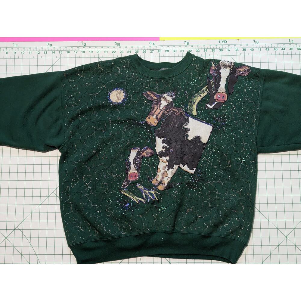 Hand Made XL Cow Sweatshirt Bedazzled Jewel Glitter Puffy Painted Shiny crystal